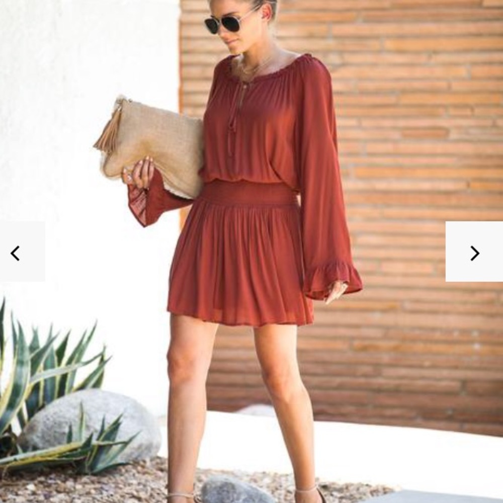 Rust off the shoulder dress